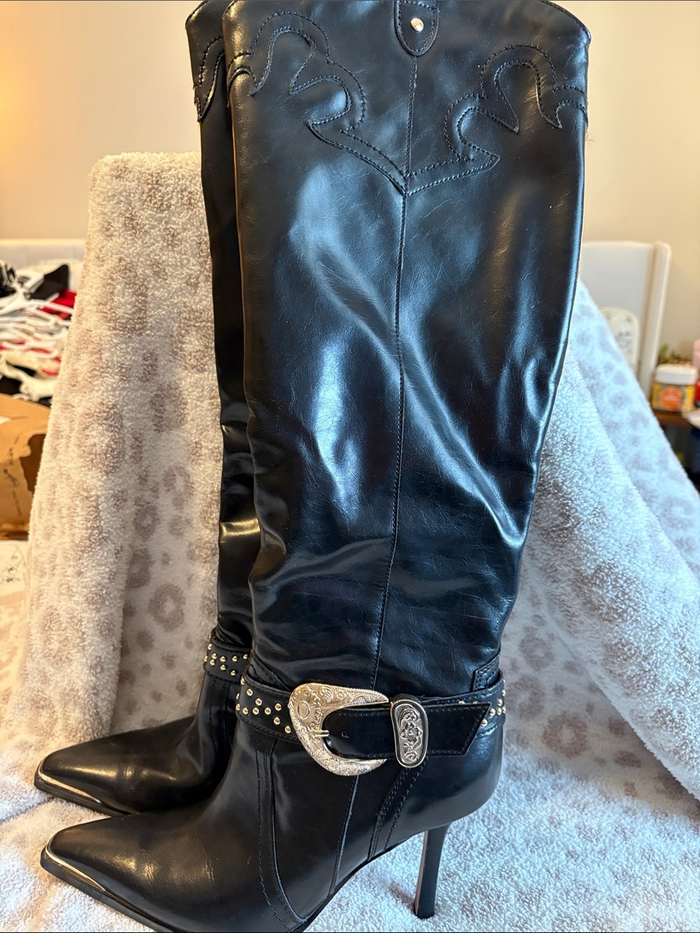 Jessica Simpson Kenzin Tall Western-Style Knee High Boots w/Studded Buckle.